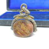 Victorian Snake Pinchbeck Gold & Fire Agate Intaglio Spinner Fob Antique c1860