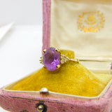 9ct Yellow Gold, Purple Amethyst & Paste Set Band Ring Vintage 1982 Sheffield