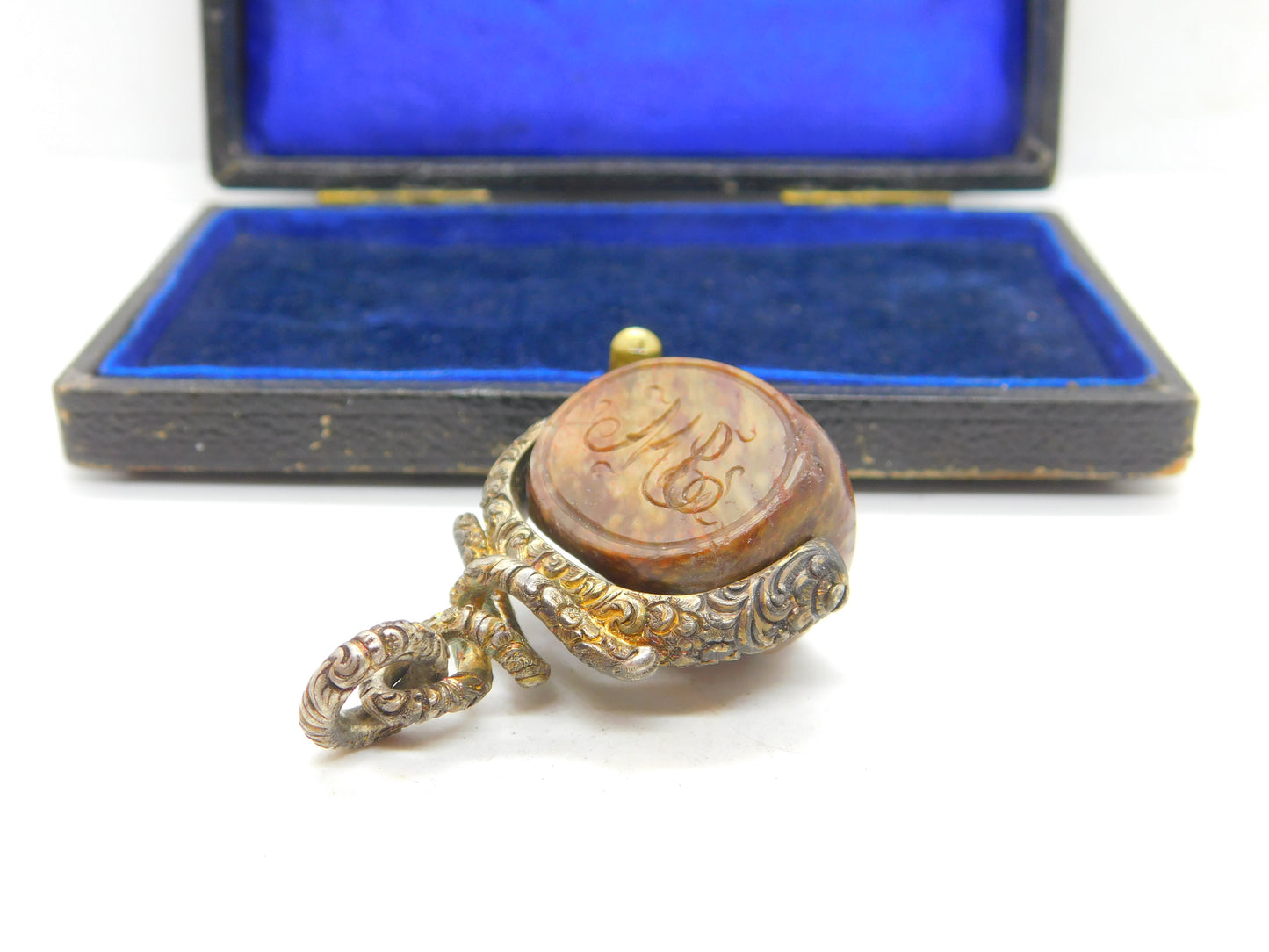 Victorian Snake Pinchbeck Gold & Fire Agate Intaglio Spinner Fob Antique c1860