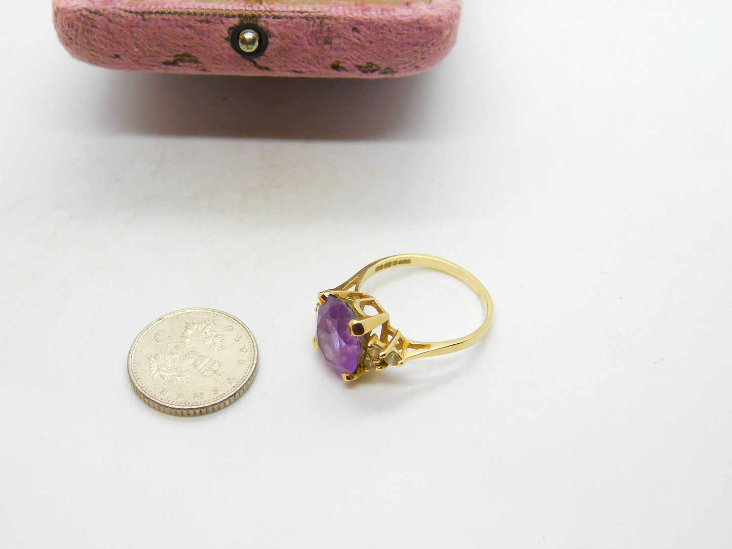 9ct Yellow Gold, Purple Amethyst & Paste Set Band Ring Vintage 1982 Sheffield