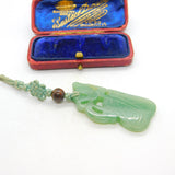 Chinese Carved Green Jade Floral or Leaf Pattern Pendant Keepsake Antique c1900