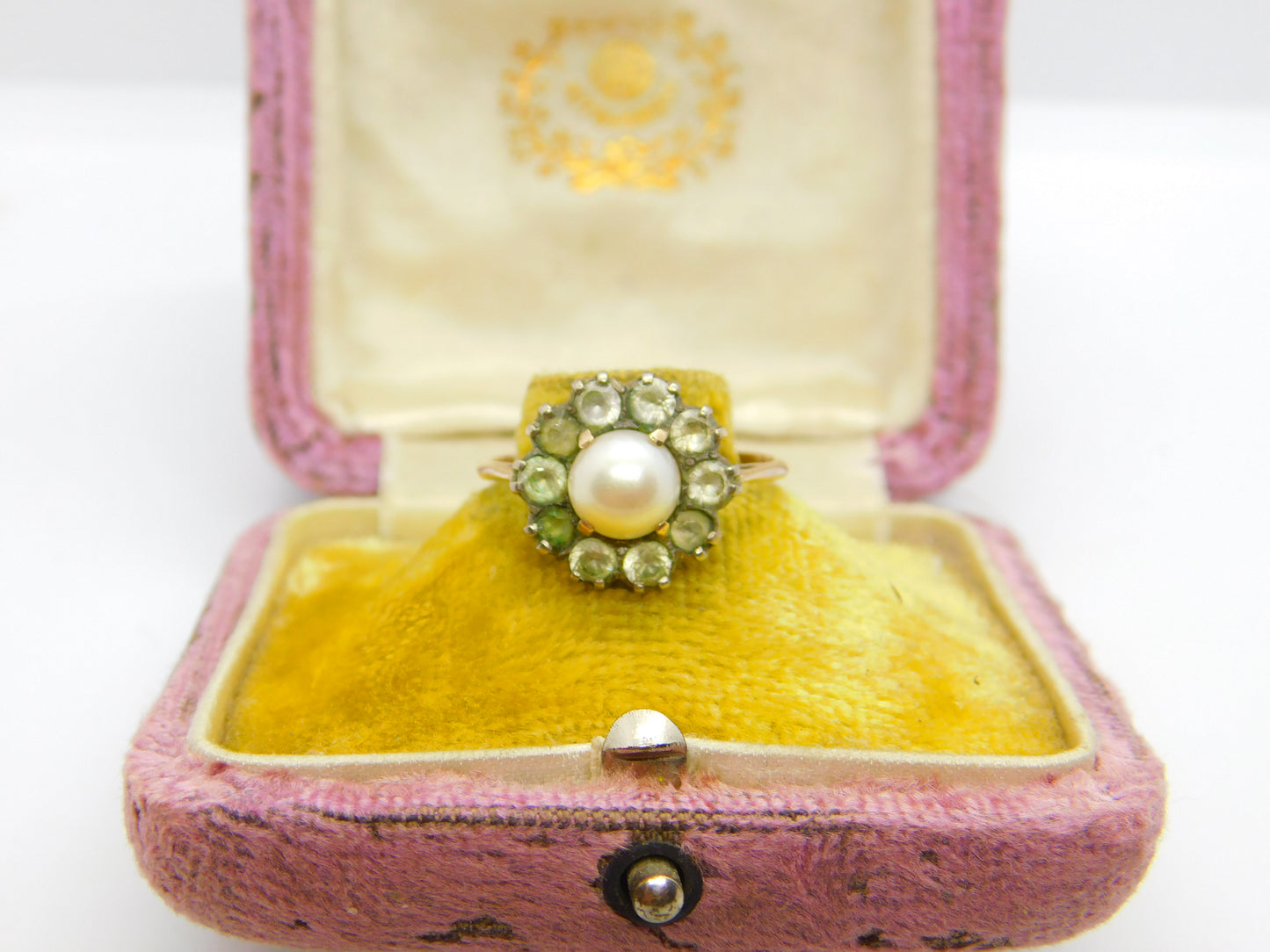 Art Deco 9ct Rose Gold, Pearl & Paste Set Floral Cluster Ring c1920 Antique