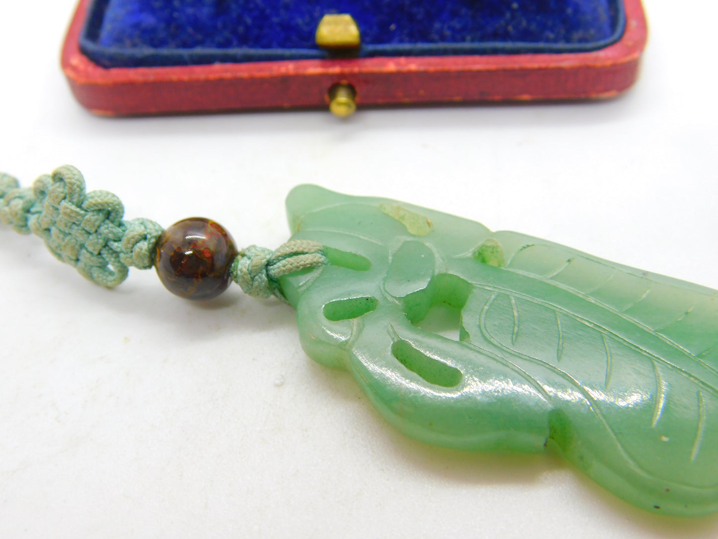 Chinese Carved Green Jade Floral or Leaf Pattern Pendant Keepsake Antique c1900