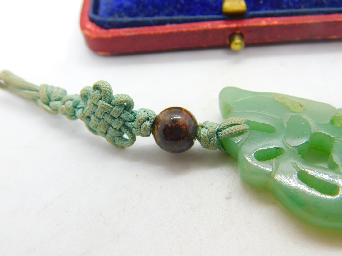 Chinese Carved Green Jade Floral or Leaf Pattern Pendant Keepsake Antique c1900