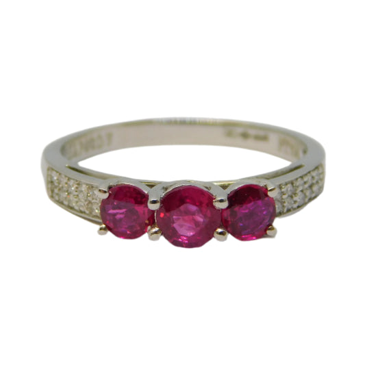 .950 Platinum, Three-Stone Ruby & Diamond Dress Ring Vintage c1990