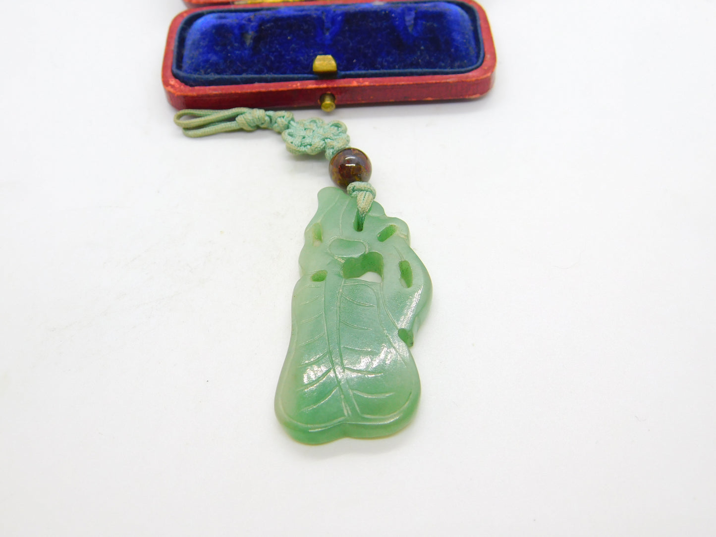 Chinese Carved Green Jade Floral or Leaf Pattern Pendant Keepsake Antique c1900