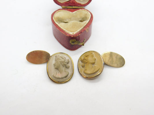 Grand Tour 9ct Gold & Rolled Gold Set Carved Lava Cameo Cufflinks c1820 Antique