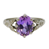 18ct White Gold, Oval Cut Amethyst & Diamond Floral Dress Ring Vintage c1970