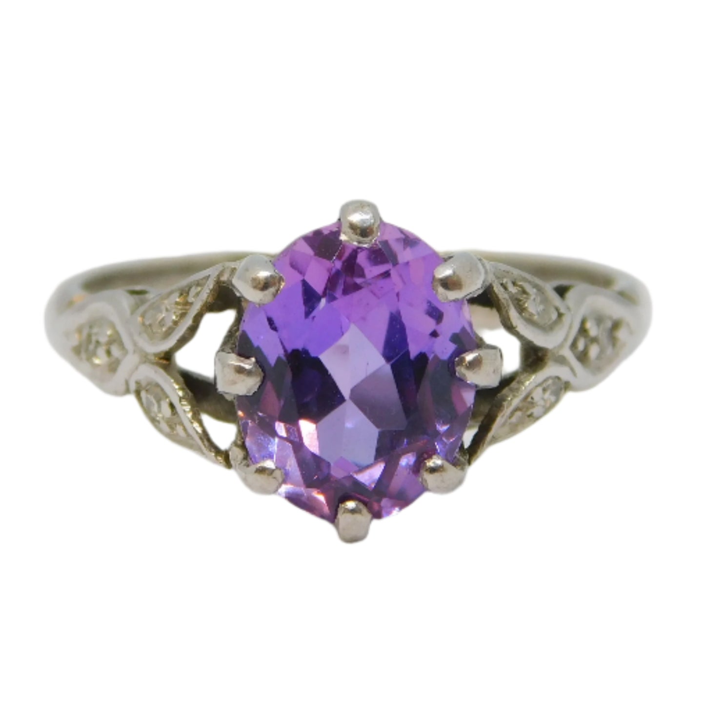 18ct White Gold, Oval Cut Amethyst & Diamond Floral Dress Ring Vintage c1970