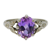 18ct White Gold, Oval Cut Amethyst & Diamond Floral Dress Ring Vintage c1970