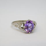 18ct White Gold, Oval Cut Amethyst & Diamond Floral Dress Ring Vintage c1970