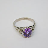 18ct White Gold, Oval Cut Amethyst & Diamond Floral Dress Ring Vintage c1970