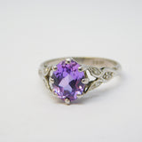 18ct White Gold, Oval Cut Amethyst & Diamond Floral Dress Ring Vintage c1970