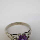 18ct White Gold, Oval Cut Amethyst & Diamond Floral Dress Ring Vintage c1970
