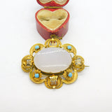 Victorian Pinchbeck Gold, Turquoise & Chalcedony Floral Brooch Antique c1860