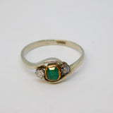 18ct Two-Tone Gold, 0.25ct Emerald & Diamond Crossover Ring Antique c1910