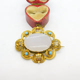 Victorian Pinchbeck Gold, Turquoise & Chalcedony Floral Brooch Antique c1860