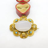 Victorian Pinchbeck Gold, Turquoise & Chalcedony Floral Brooch Antique c1860