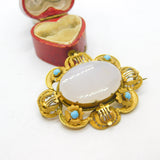 Victorian Pinchbeck Gold, Turquoise & Chalcedony Floral Brooch Antique c1860