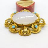 Victorian Pinchbeck Gold, Turquoise & Chalcedony Floral Brooch Antique c1860