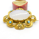 Victorian Pinchbeck Gold, Turquoise & Chalcedony Floral Brooch Antique c1860