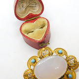 Victorian Pinchbeck Gold, Turquoise & Chalcedony Floral Brooch Antique c1860