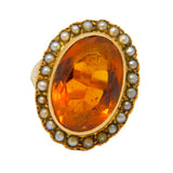 19th Century 14ct Yellow Gold, Citrine & Seed Pearl Signet Ring Antique c1880