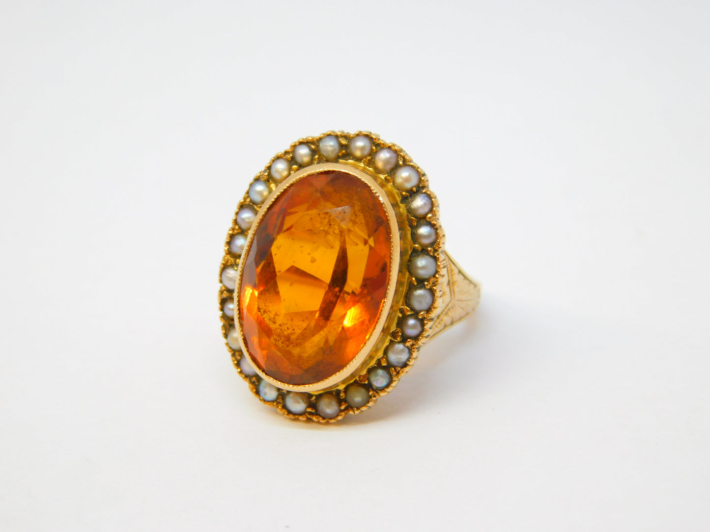 19th Century 14ct Yellow Gold, Citrine & Seed Pearl Signet Ring Antique c1880