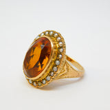 19th Century 14ct Yellow Gold, Citrine & Seed Pearl Signet Ring Antique c1880