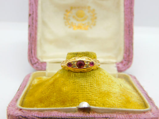 Victorian 18ct Yellow Gold, Ruby & Diamond Boat Ring Antique c1880