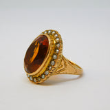 19th Century 14ct Yellow Gold, Citrine & Seed Pearl Signet Ring Antique c1880