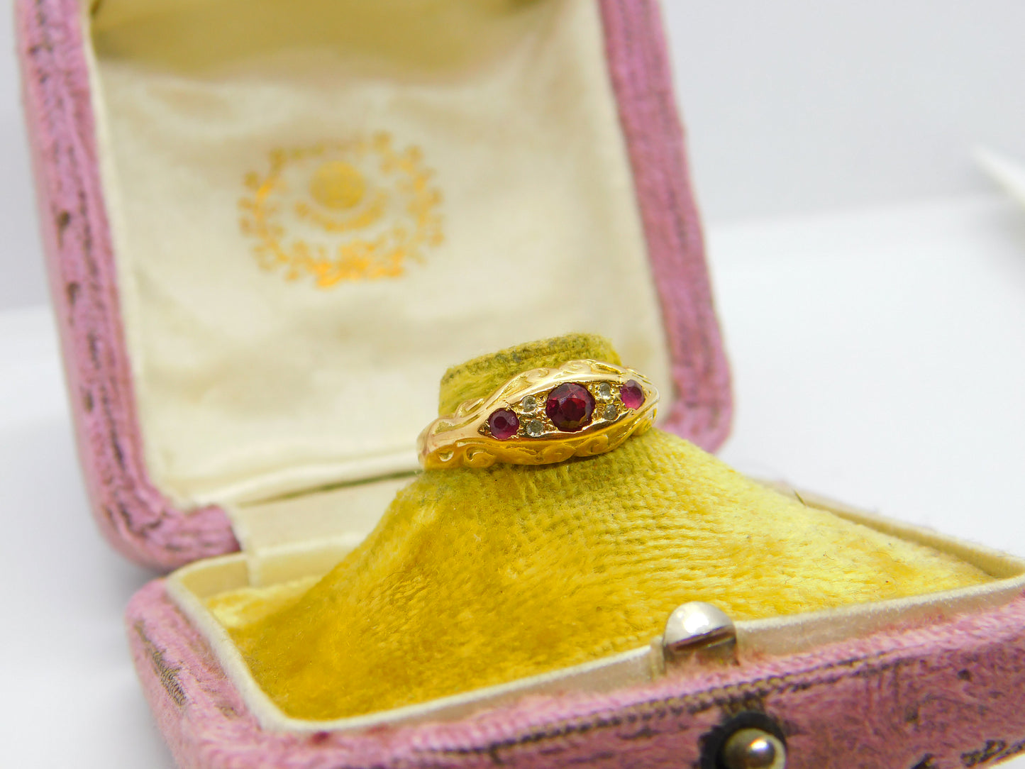 Victorian 18ct Yellow Gold, Ruby & Diamond Boat Ring Antique c1880