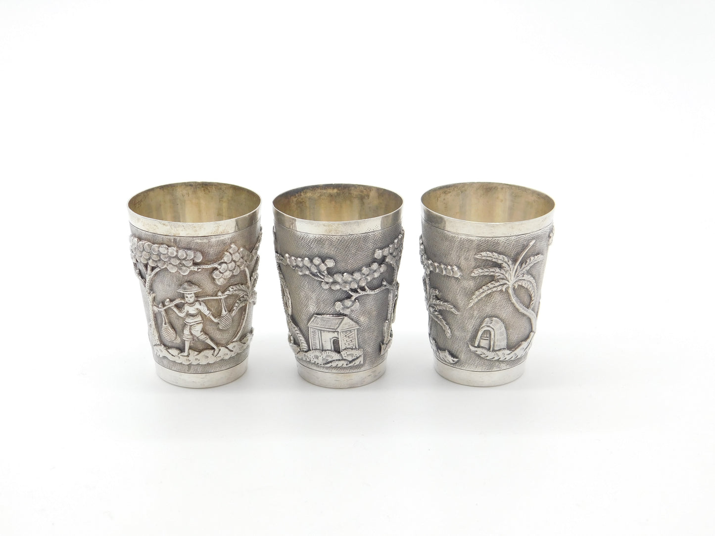 Set Of Three Sterling Silver Oriental Shot Cups Rural Scene Antique c1900