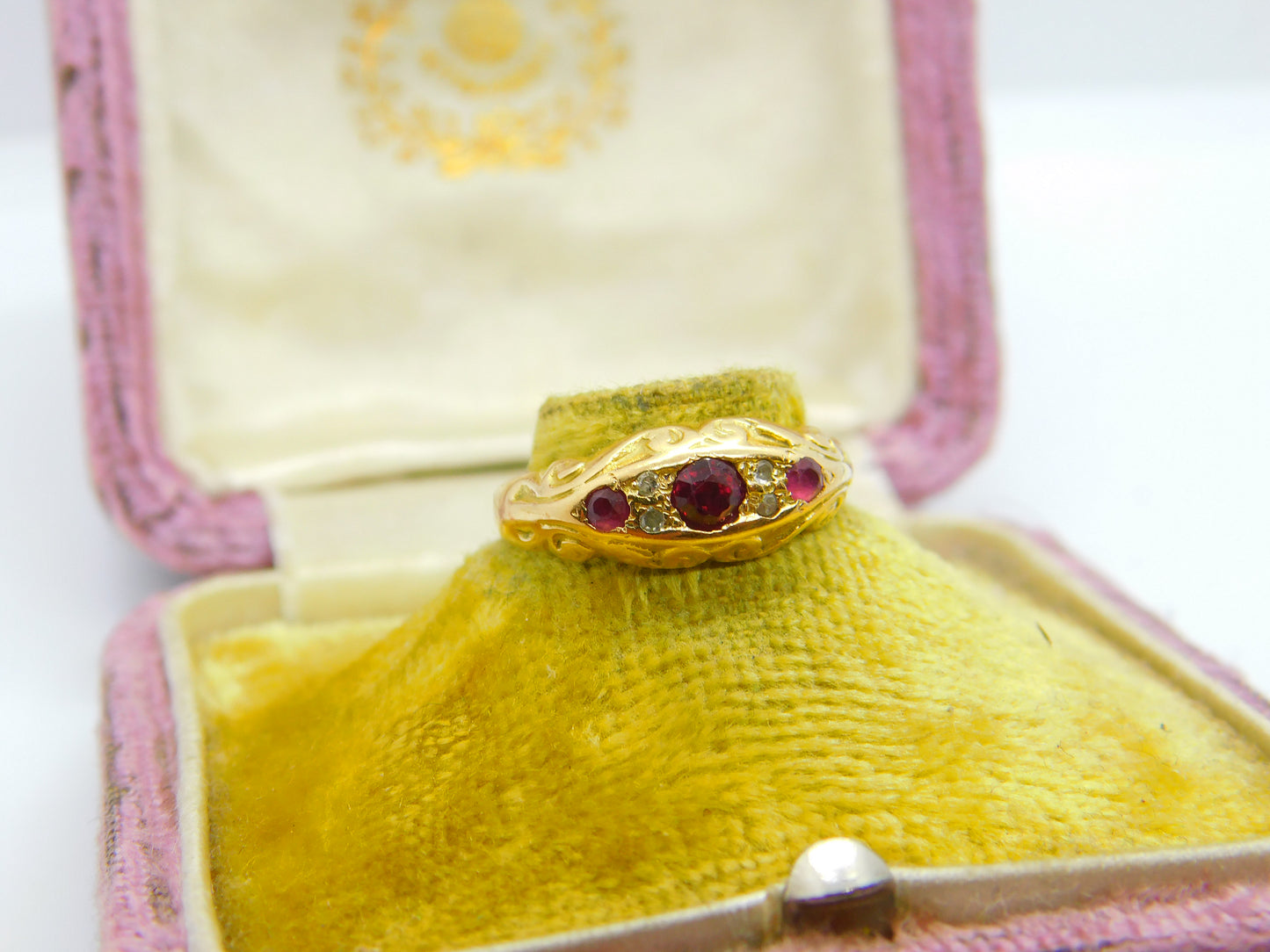 Victorian 18ct Yellow Gold, Ruby & Diamond Boat Ring Antique c1880