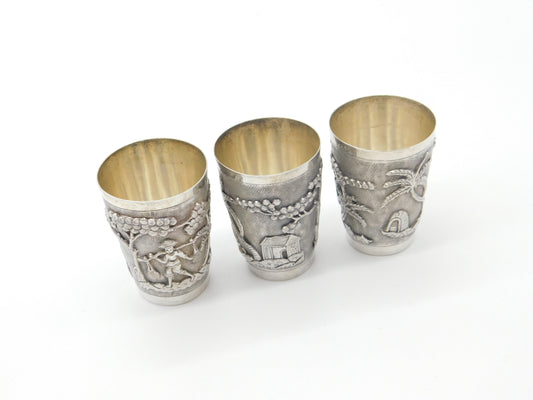 Set Of Three Sterling Silver Oriental Shot Cups Rural Scene Antique c1900