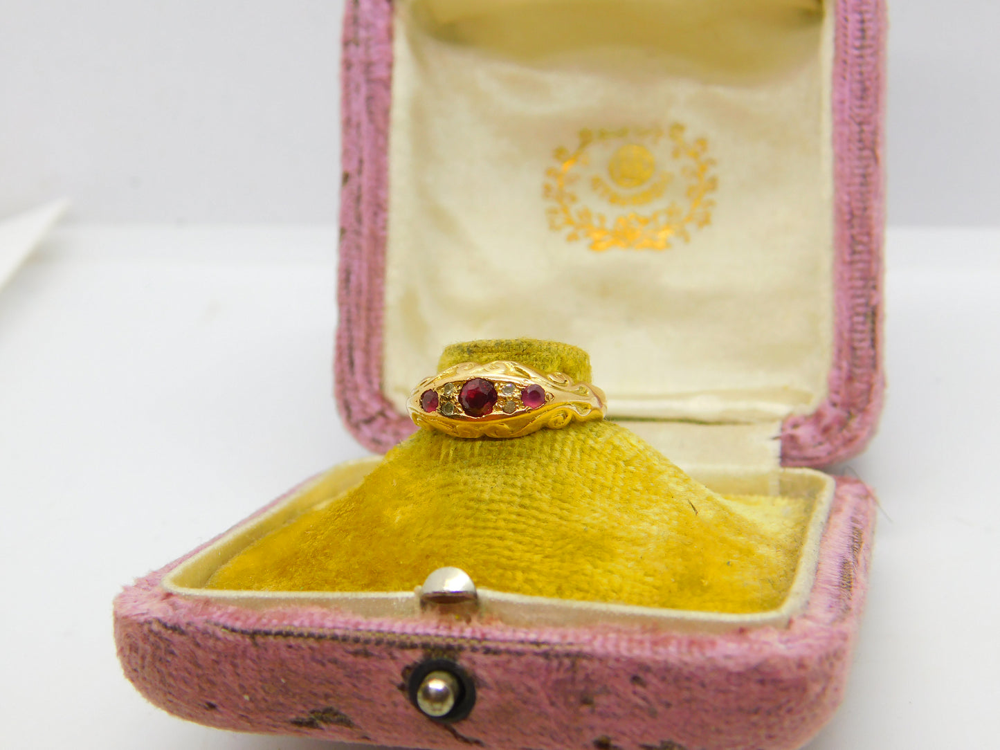 Victorian 18ct Yellow Gold, Ruby & Diamond Boat Ring Antique c1880