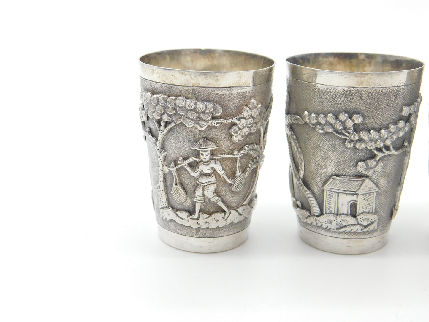 Set Of Three Sterling Silver Oriental Shot Cups Rural Scene Antique c1900