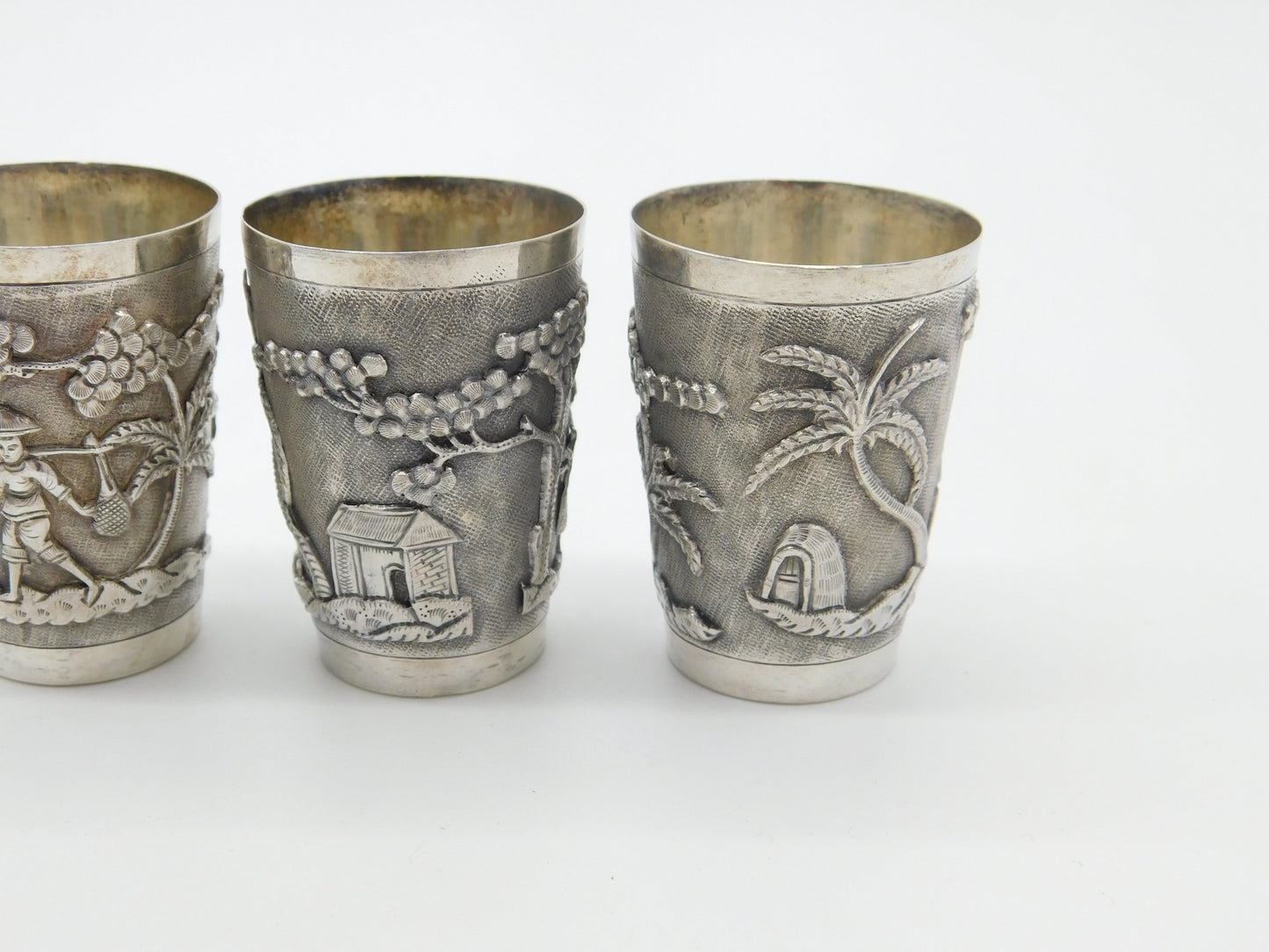 Set Of Three Sterling Silver Oriental Shot Cups Rural Scene Antique c1900