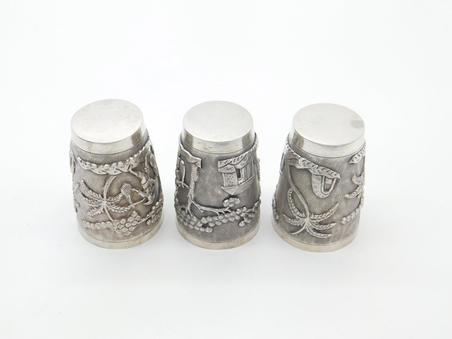 Set Of Three Sterling Silver Oriental Shot Cups Rural Scene Antique c1900