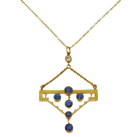 Edwardian 15ct Yellow Gold, Sapphire & 0.15ct Diamond Lavalier Necklace Antique c1910