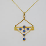Edwardian 15ct Yellow Gold, Sapphire & 0.15ct Diamond Lavalier Necklace Antique c1910