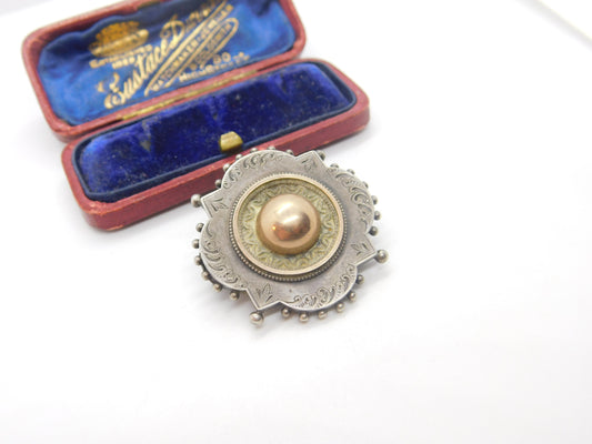 Victorian 9ct Rose Gold Sterling Silver Button Brooch Antique c1860