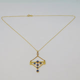 Edwardian 15ct Yellow Gold, Sapphire & 0.15ct Diamond Lavalier Necklace Antique c1910