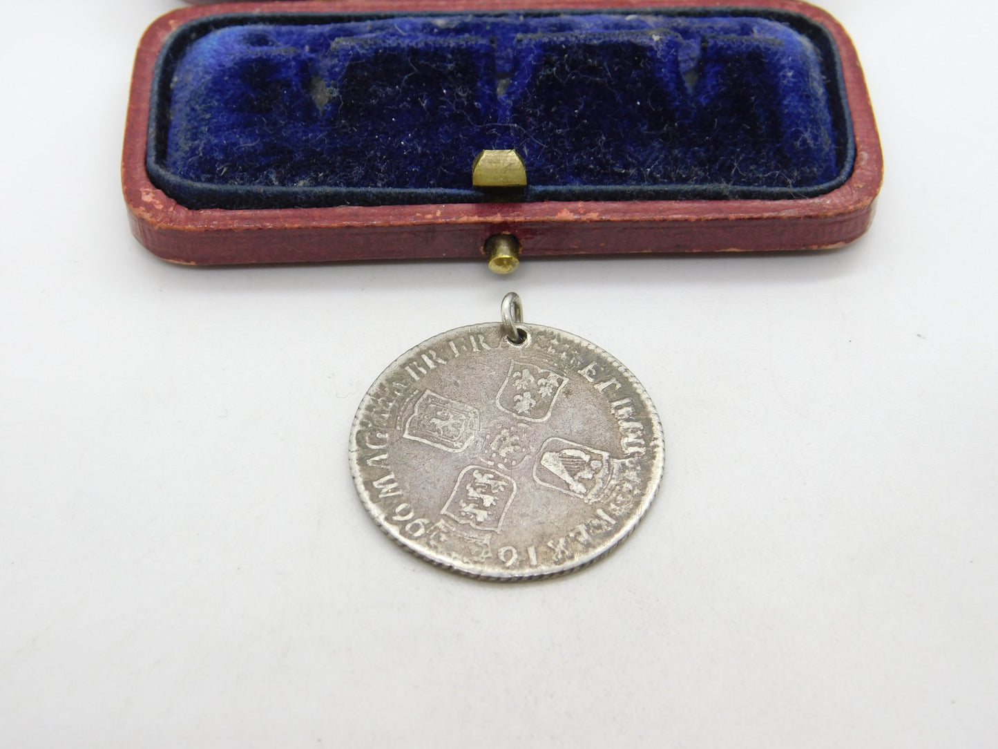 King William III Bristol Mint Silver Shilling Coin Fob Pendant Antique 1696