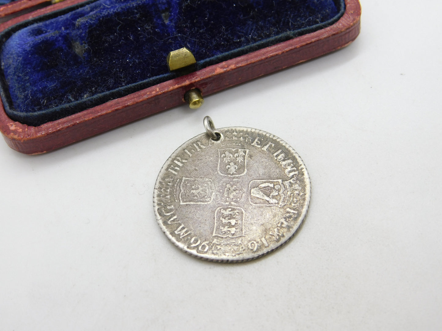 King William III Bristol Mint Silver Shilling Coin Fob Pendant Antique 1696