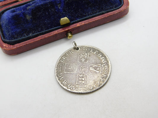 King William III Bristol Mint Silver Shilling Coin Fob Pendant Antique 1696