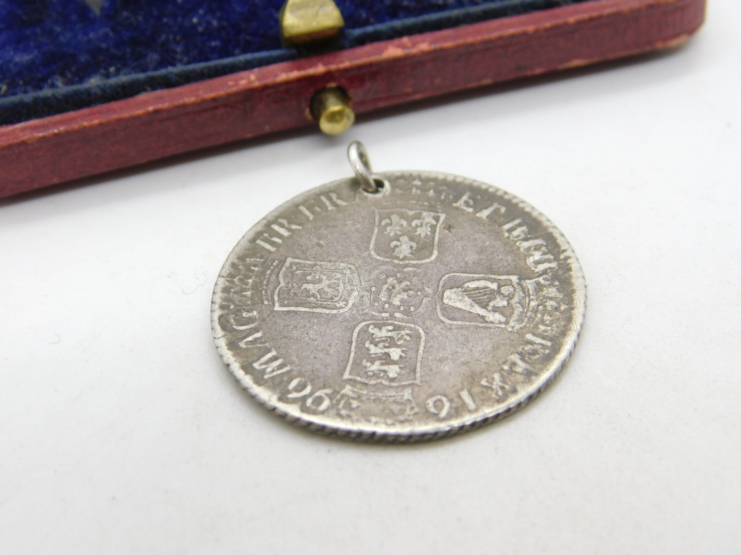 King William III Bristol Mint Silver Shilling Coin Fob Pendant Antique 1696