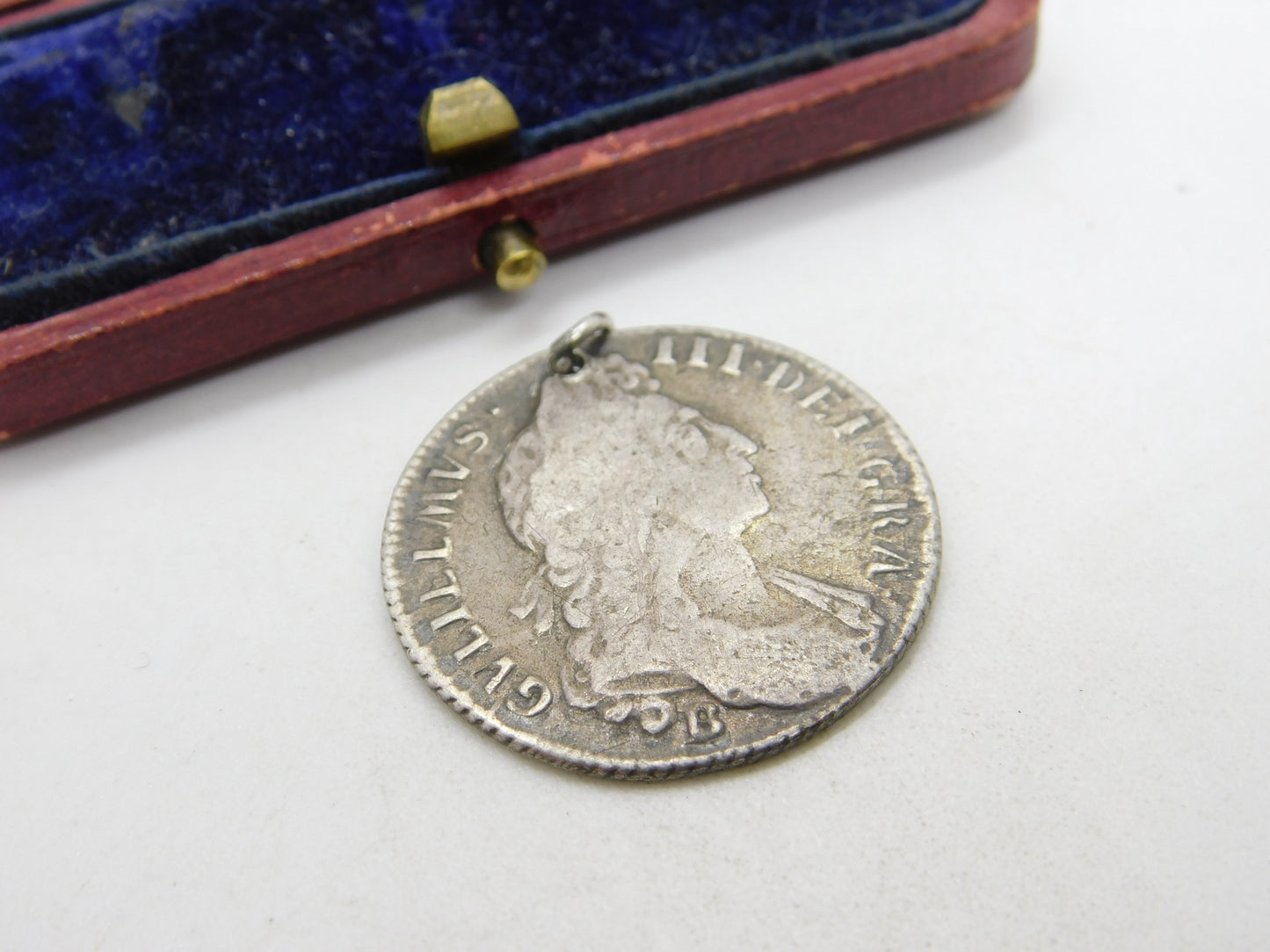 King William III Bristol Mint Silver Shilling Coin Fob Pendant Antique 1696