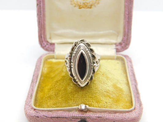 Sterling Silver & Onyx Set Victorian Style Poison Locket Ring Vintage c1970