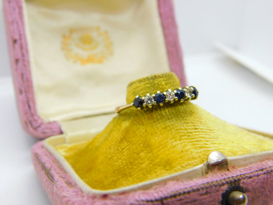 9ct Yellow Gold, Sapphire & Diamond Half Eternity Ring Vintage 1985 London